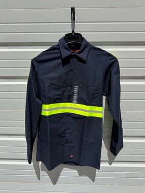 Redkap Navy Button-Down Work Shirt with Lime Reflective Band